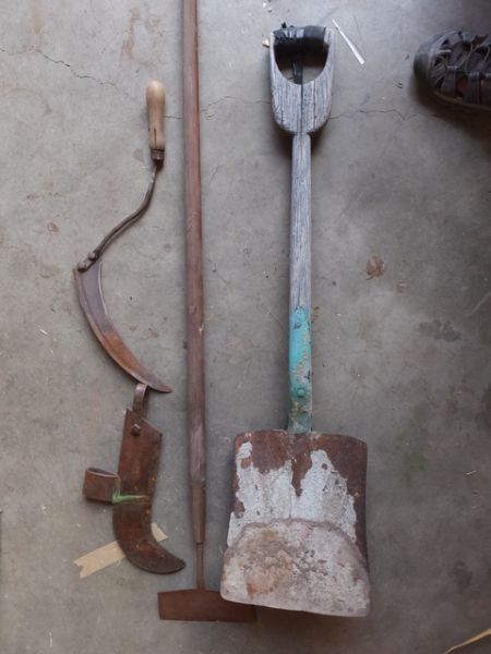 PRIMITIVE TOOLS, HAND SCYTHE, D HANDLE SHOVEL, LOGGER TOOL HEAD