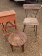 WOODEN STOOL, SMALL ROUND WOODEN TABLE/STOOL, AND VINTAGE METAL CHAIR