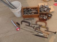 TOOL CADDY  WITH C CLAMPS, LOTS OF GALVANIZED PARTS