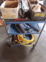 BLUE ROLLING CART WITH PIPE WRENCHES, CRESCENT WRENCH AND MORE
