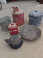 OIL & GAS CANS,  GOLD  PAN, CAST IRON TEA KETTLE & GALVANIZED ITEMS