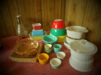 PYREX BOWL SET, CORNING PANS AND COFFEE POT, CUSTARD BOWL PLUS MORE