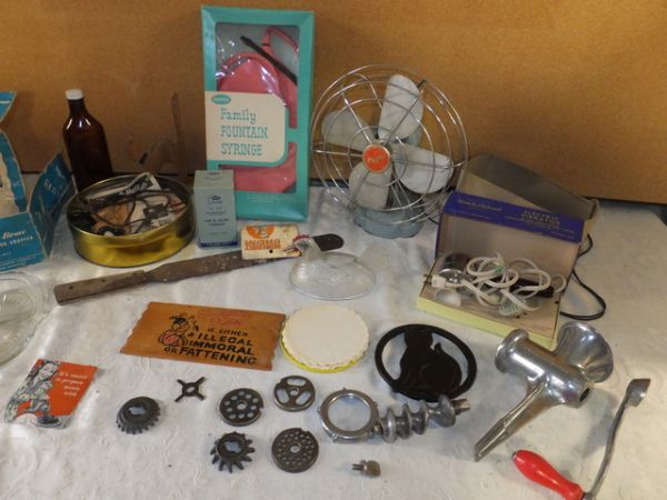 VARIETY OF VINTAGE ITEMS - MEDICAL, HANDY HANNA MASSAGER, FOOD GRINDER & MORE