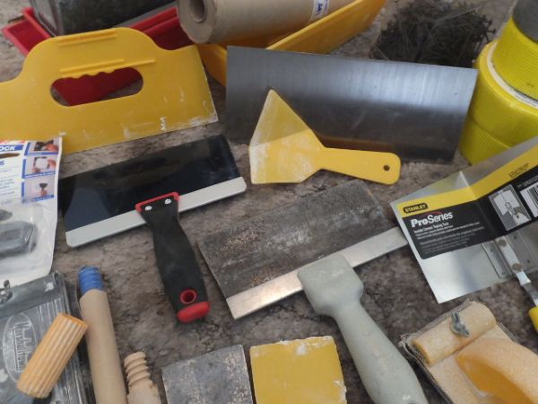 SHEET ROCK TOOLS, PANS, DRYWALL NAILS, TROWELS, SANDING SCREENS & MORE