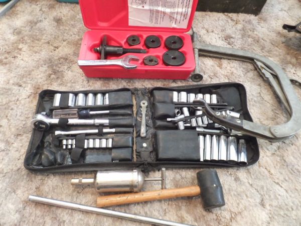 CRAFTSMAN 3/8 & 1/4 SOCKET SET, DISC BRAKE TOOLS, GREASE GUN 