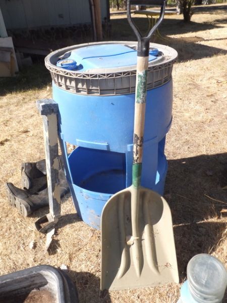 LIVESTOCK FEEDER,2ND 50 GALLON DRUM, SCOOPER SHOVEL, SALT BLOCK HOLDER AND MORE