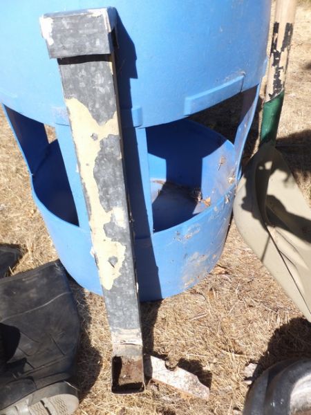 LIVESTOCK FEEDER,2ND 50 GALLON DRUM, SCOOPER SHOVEL, SALT BLOCK HOLDER AND MORE