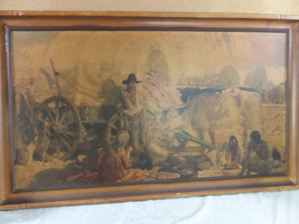 VINTAGE FRAMED WESTERN LITHOGRAPH - WAGON TRAIN 