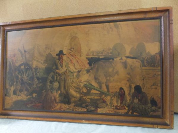 VINTAGE FRAMED WESTERN LITHOGRAPH - WAGON TRAIN 