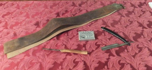 VINTAGE RUSSIAN LEATHER STROP, STRAIGHT RAZORS AND BLADE SHARPENER