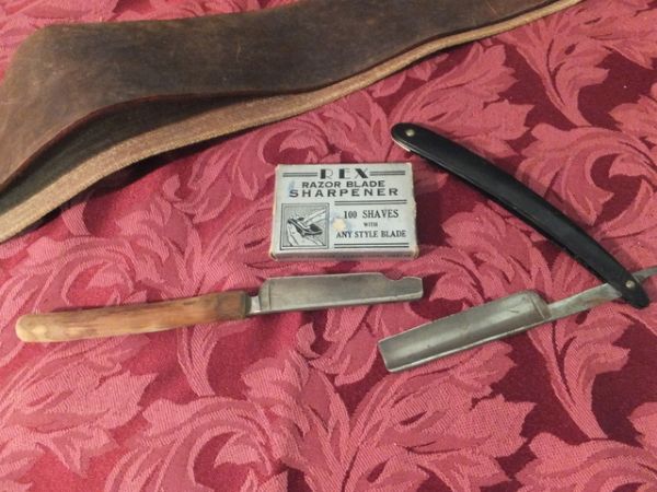 VINTAGE RUSSIAN LEATHER STROP, STRAIGHT RAZORS AND BLADE SHARPENER