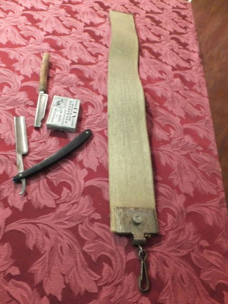 VINTAGE RUSSIAN LEATHER STROP, STRAIGHT RAZORS AND BLADE SHARPENER