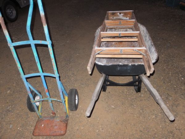 LARGE WHEELBARROW, DOLLY, AND 4 FOOT LADDER