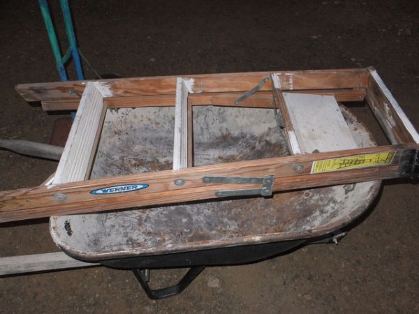 LARGE WHEELBARROW, DOLLY, AND 4 FOOT LADDER