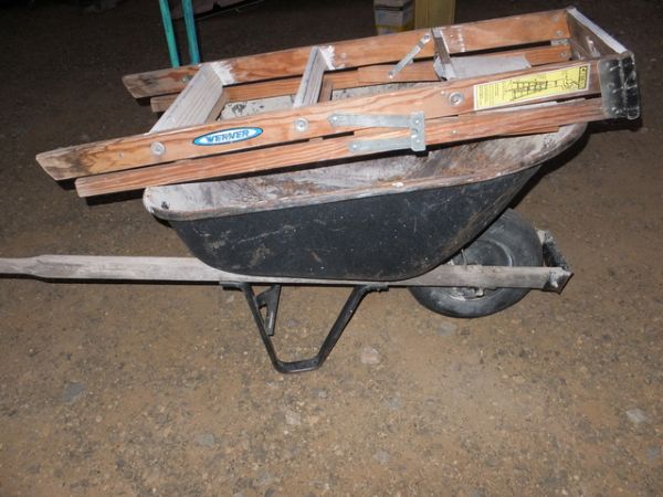 LARGE WHEELBARROW, DOLLY, AND 4 FOOT LADDER