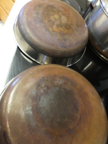 REVERE WARE COPPER BOTTOM COOKWARE 5 PANS WITH 3 LIDS