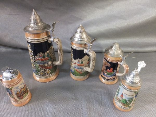 BEAUTIFUL CERAMIC GERMAN STEINS WITH METAL LIDS