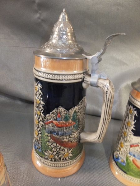 BEAUTIFUL CERAMIC GERMAN STEINS WITH METAL LIDS