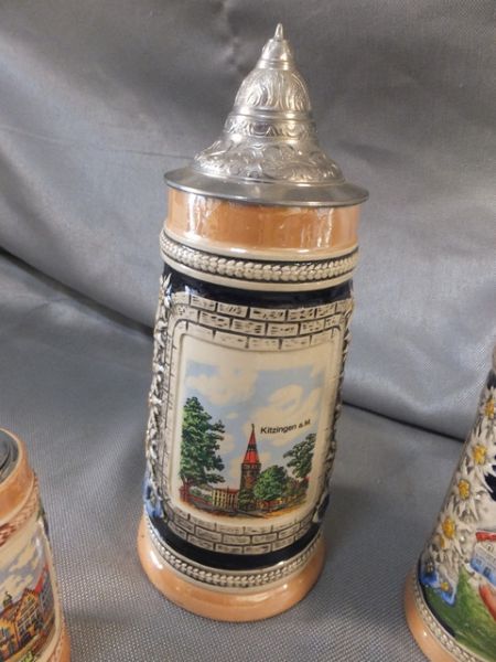 BEAUTIFUL CERAMIC GERMAN STEINS WITH METAL LIDS