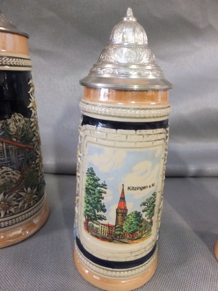 BEAUTIFUL CERAMIC GERMAN STEINS WITH METAL LIDS