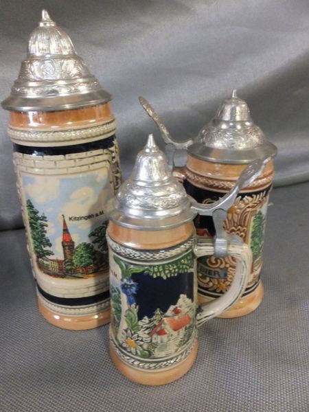 BEAUTIFUL CERAMIC GERMAN STEINS WITH METAL LIDS