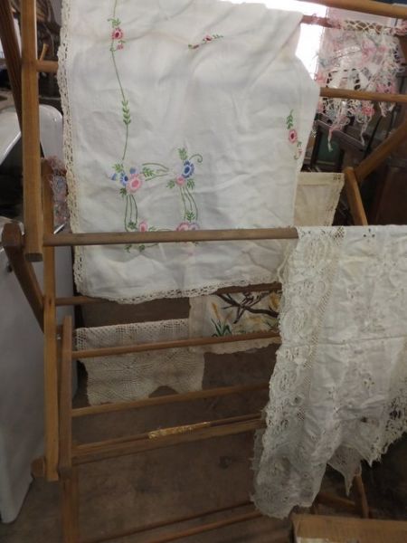 VINTAGE WOODEN CLOTHES DRYING RACK WITH VINTAGE LACE, TABLECLOTH PLUS MORE