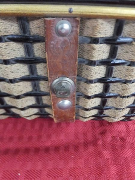 FABULOUS ANTIQUE FRENCH WOVEN BASKET STYLE PURSE WITH LEATHER STRAPS & HANDLE.
