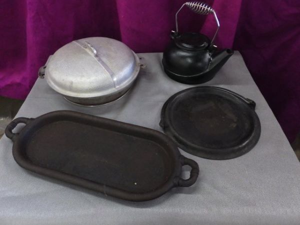 VINTAGE COOKWARE - CAST IRON AND HAMMERED ALUMINUM GUARDIAN WARE