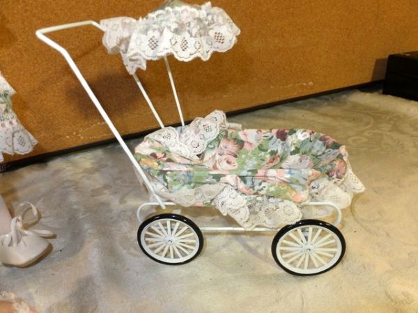 PRETTY  COLLECTIBLE  PORCELIAN/BISQUE DOLL WITH BABY IN PRAM