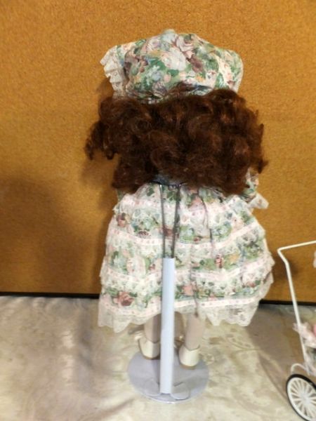 PRETTY  COLLECTIBLE  PORCELIAN/BISQUE DOLL WITH BABY IN PRAM