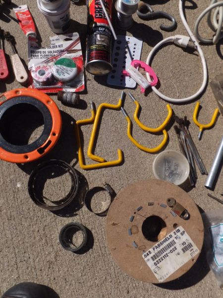 LOTS OF GARAGE ITEMS - GENIE JET VAC, SOLDERING, GLOVES, PLUMB BOB, WIRE . . .