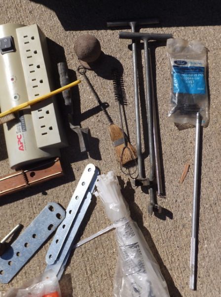 LOTS OF GARAGE ITEMS - GENIE JET VAC, SOLDERING, GLOVES, PLUMB BOB, WIRE . . .