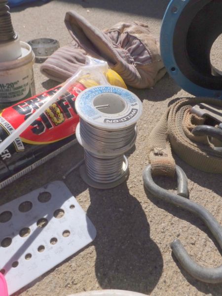 LOTS OF GARAGE ITEMS - GENIE JET VAC, SOLDERING, GLOVES, PLUMB BOB, WIRE . . .