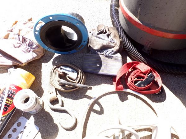 LOTS OF GARAGE ITEMS - GENIE JET VAC, SOLDERING, GLOVES, PLUMB BOB, WIRE . . .