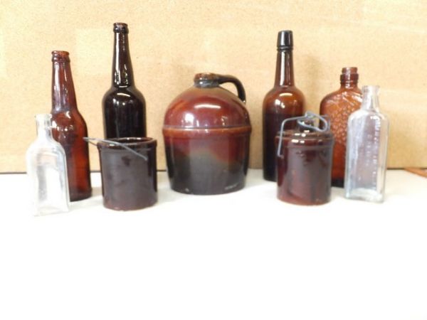 ANTIQUE  LITTLE BROWN JUG, BOTTLES AND CROCKS