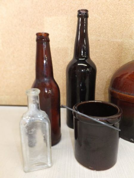 ANTIQUE  LITTLE BROWN JUG, BOTTLES AND CROCKS