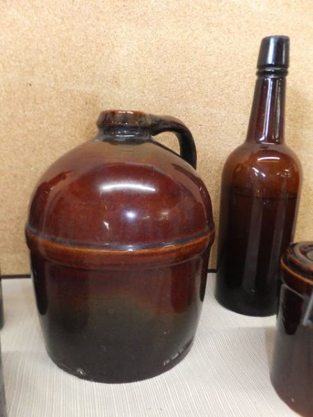 ANTIQUE  LITTLE BROWN JUG, BOTTLES AND CROCKS