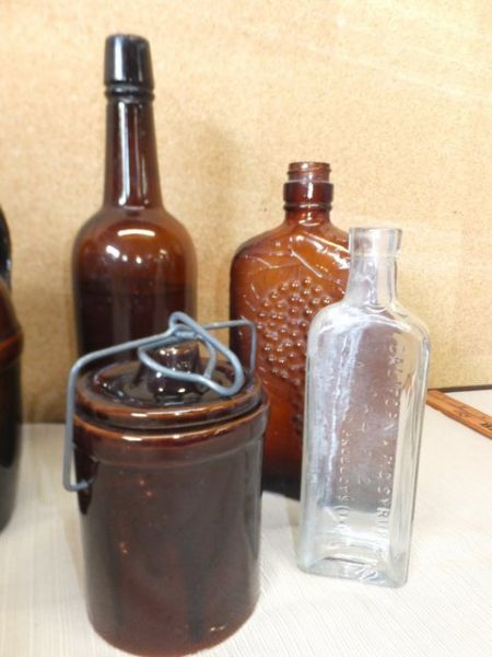 ANTIQUE  LITTLE BROWN JUG, BOTTLES AND CROCKS