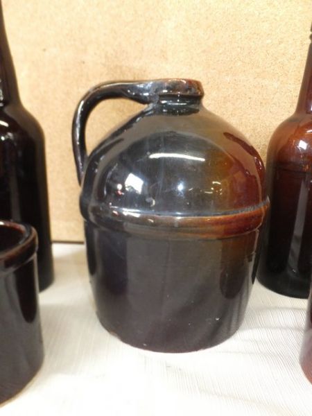 ANTIQUE  LITTLE BROWN JUG, BOTTLES AND CROCKS