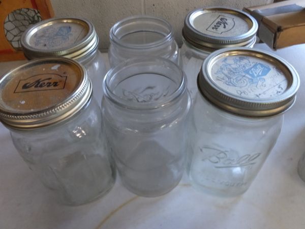 KERR CANNING JARS - PYREX MEASURING CUPS - LADLE  - JAR CAPS - STRAINER