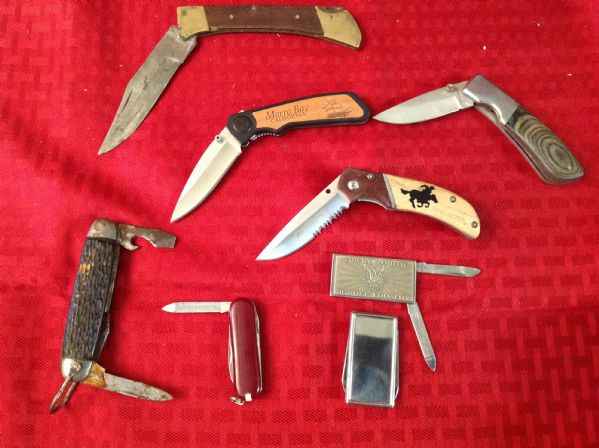 SIX FOLDING & POCKET KNIVES PLUS TWO KNIFE AND FILE BELT CLIPS