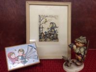 HUMMEL FIGURINE, LITHOGRAPH AND A SMALL WOODEN MUSIC BOX