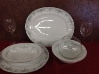 NORITAKE CHINA, "LIMIRICK" SERVING DISHES &   2 ETCHED GLASS WINE GLASSES 