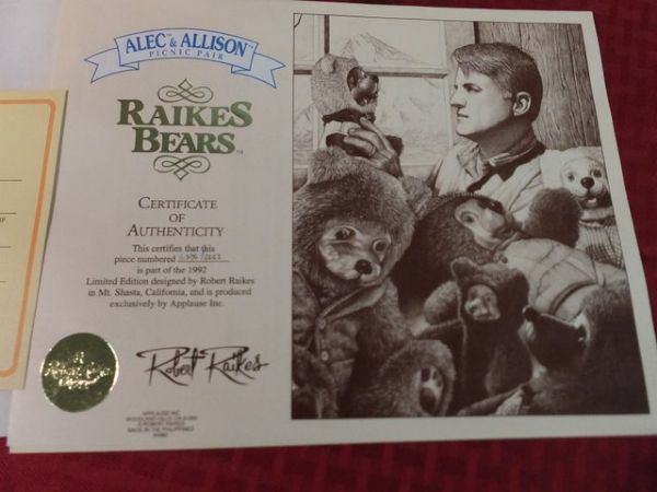 ROBERT RAIKES ORIGINAL BEARS ALEC & ALLISON PICNIC PAIR  WITH BASKET.