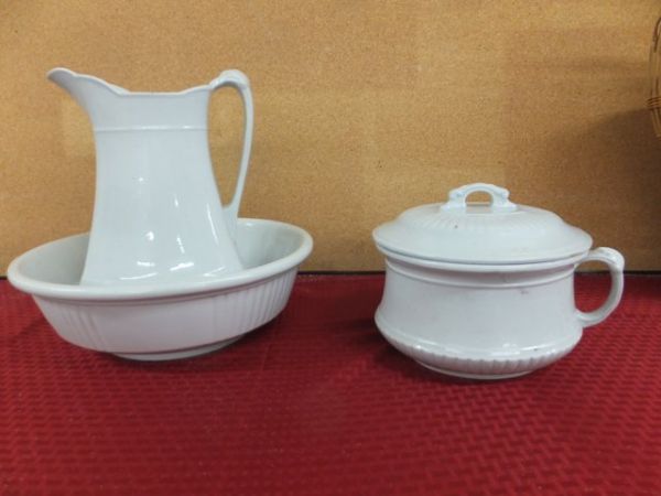 ANTIQUE IRONSTONE CHINA BY J & G MEAKIN, MATCHING PITCHER, BASIN & LIDDED CHAMBER POT