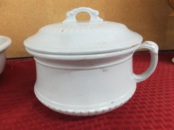 ANTIQUE IRONSTONE CHINA BY J & G MEAKIN, MATCHING PITCHER, BASIN & LIDDED CHAMBER POT