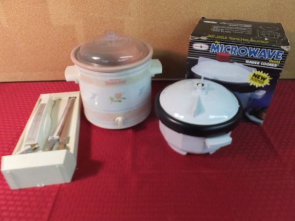 RIVAL CROCK POT, ELECTRIC KNIFE AND MICROWAVE TENDER COOKER, DORLOP HAND MIXER