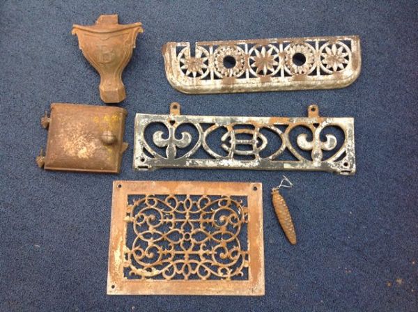 PRETTY DECORATIVE ANTIQUE STOVE PARTS AND A COO-COO CLOCK WEIGHT!