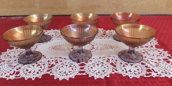 FANTASTIC SET OF CARNIVAL GLASS DESSERT DISHES WITH PUPLE SUN TINTED STEMS