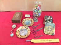 VINTAGE INLAID SEWING BOX, WOODEN SPOOLS, BUTTONS & SCISSORS